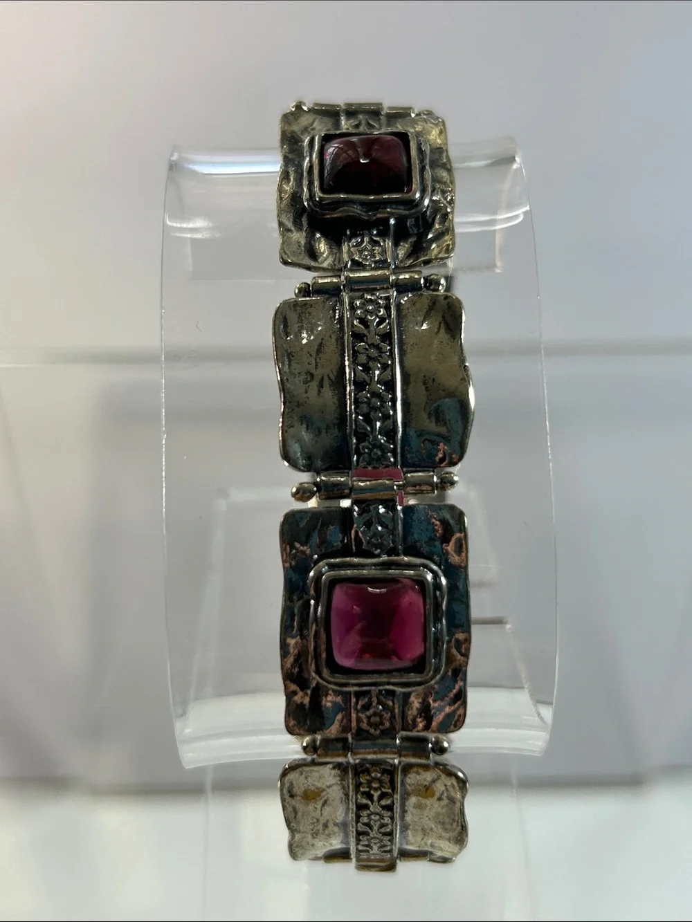 NWT Passage To Israel Hammered Panel Link Genuine Garnet Gemstone Bracelet